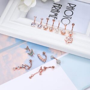 JOERICA 12 Pcs 14G Belly Button Rings Dangle Belly Rings for Women 316L Stainless Steel Butterfly Skull Hand with Opal Clear CZ Navel Rings Belly Body Piercing Jewelry