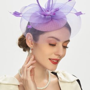 Cizoe Tea Party Fascinator Kentucky Derby Hat Fascinator Pillbox Hat Headband for Cocktail(A-purple