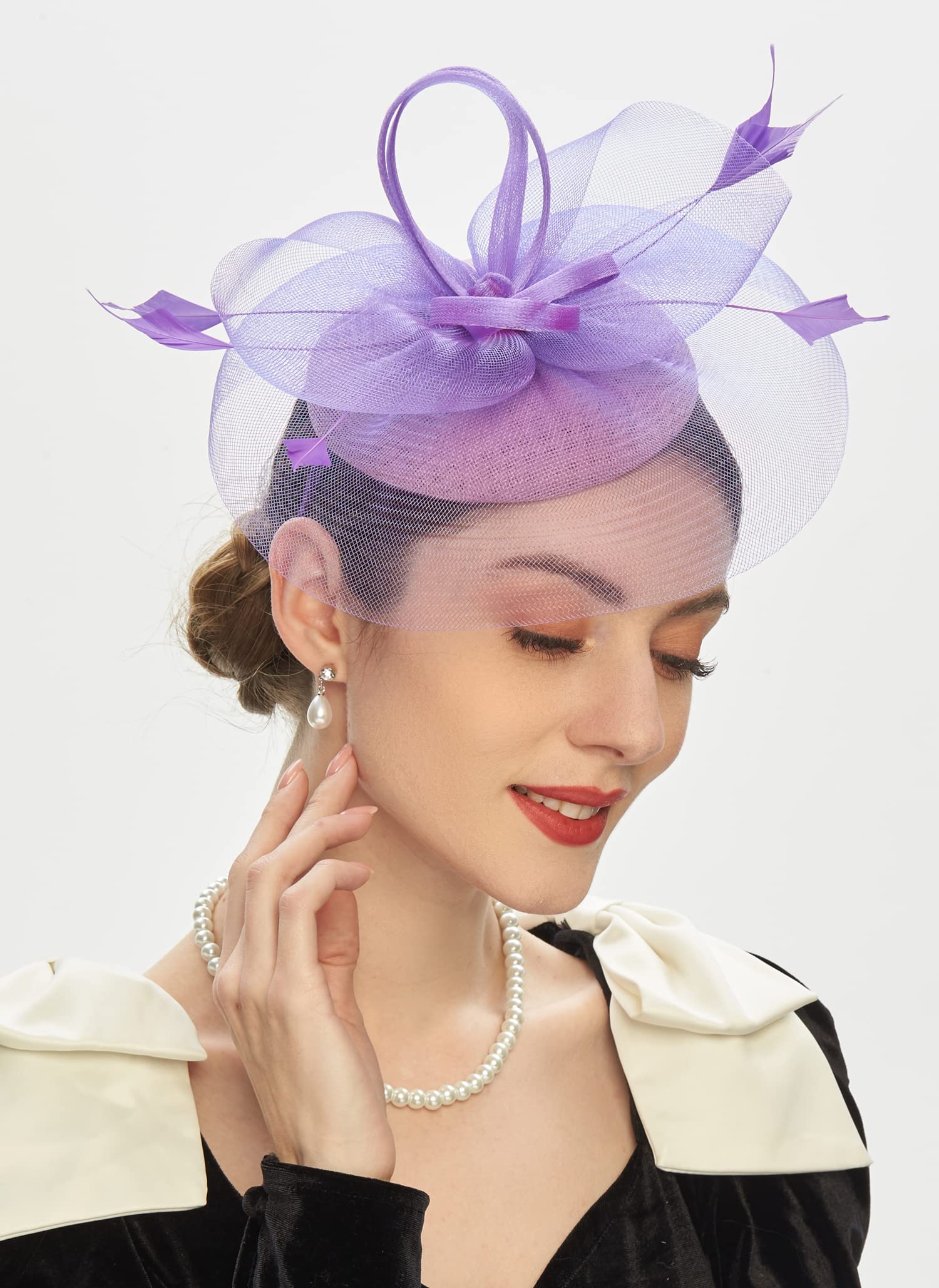 Cizoe Tea Party Fascinator Kentucky Derby Hat Fascinator Pillbox Hat Headband for Cocktail(A-purple