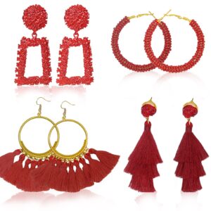 PRENDI 4 Pairs Red Earrings for Women Layered Tassel Earrings Bohemian Hoop Tassel Earrings Red Beaded Hoop Earrings (Red)