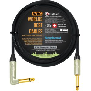 15 foot - gotham gac-1 ultra pro (black) - premium, low-capacitance (21 pf/f) guitar bass instrument cable - amphenol qm2r-au & qm2p-au ¼ inch (6.35mm) gold ts connectors