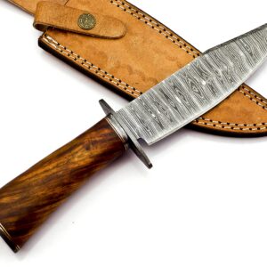 Nooraki BK-348 Handmade Damascus Steel Fixed Blade Bowie Knife with Leather Sheath, Multipurpose Knife Rosewood Handle with Damascus guard for Everyday Carry, Camping, Hunting, 12 Lengt