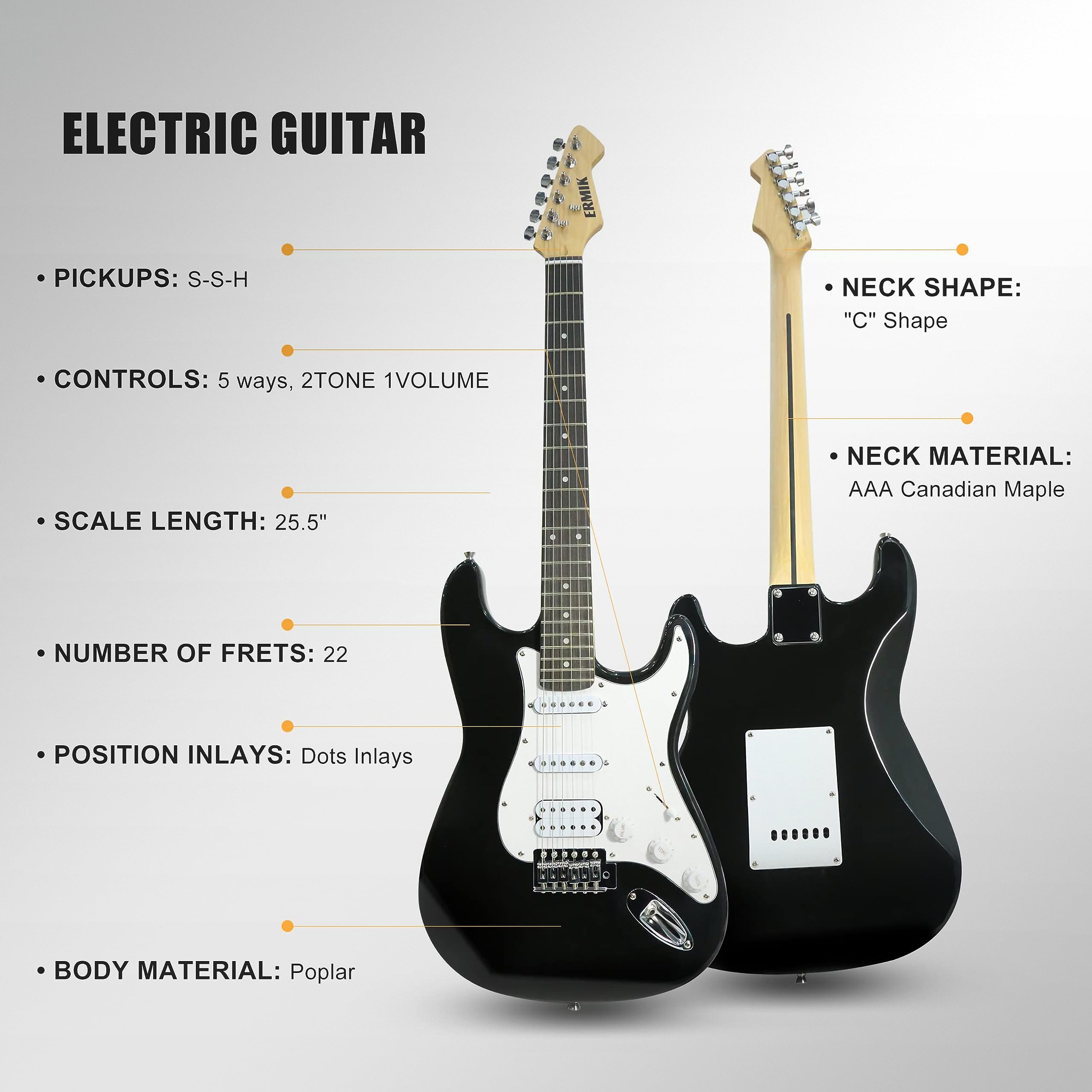 Ermik Soild Body Electric Guitar Kit with Amp 20W, Strings, Strap, Digital Tuner, Picks, Gig Bag, Cable, Tremolo Bar, 39" Full Size Guitar HSS Pickups Guitarra Electrica Beginner Gift - Black