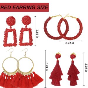 PRENDI 4 Pairs Red Earrings for Women Layered Tassel Earrings Bohemian Hoop Tassel Earrings Red Beaded Hoop Earrings (Red)