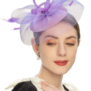 Cizoe Tea Party Fascinator Kentucky Derby Hat Fascinator Pillbox Hat Headband for Cocktail(A-purple