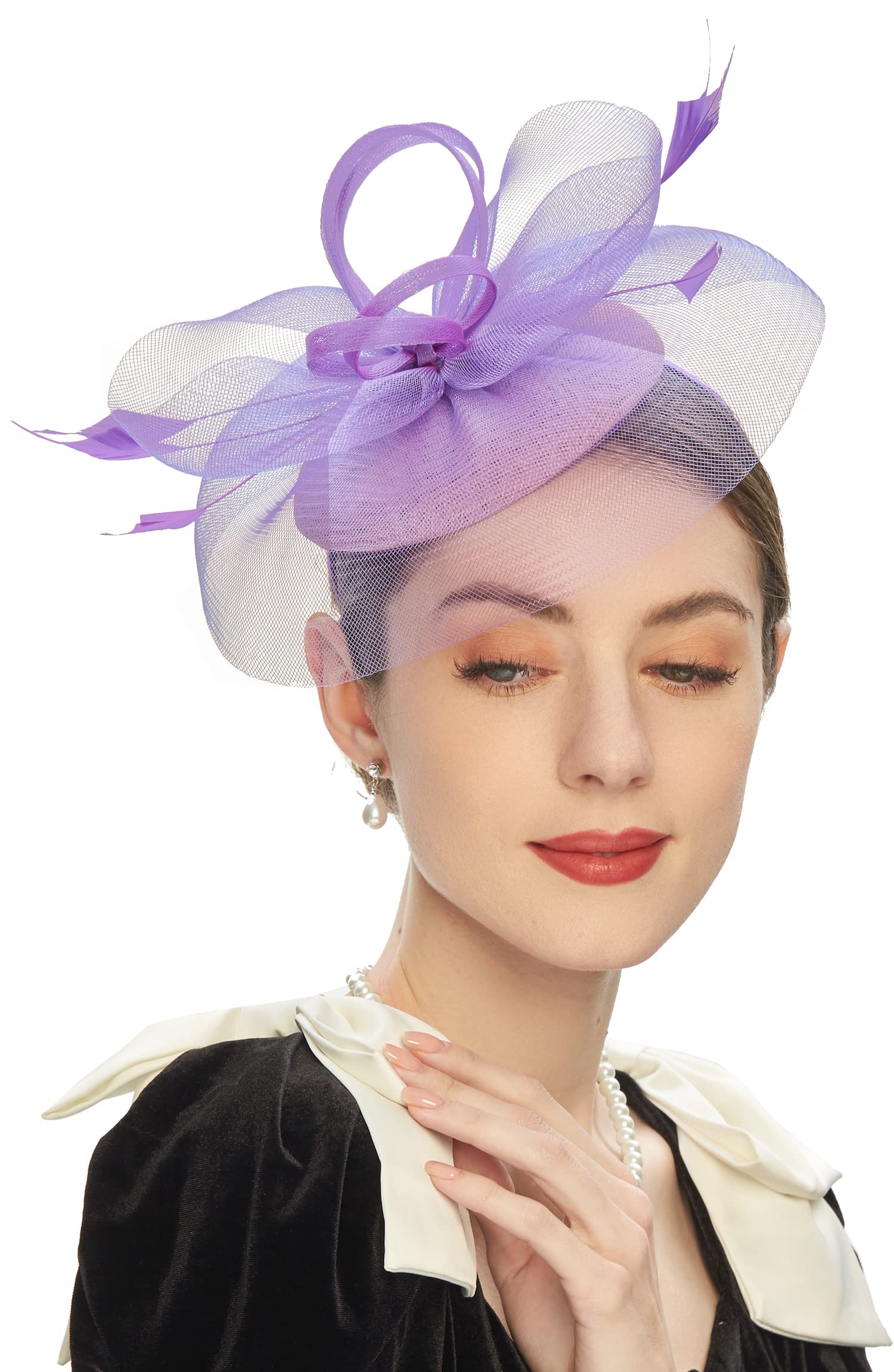 Cizoe Tea Party Fascinator Kentucky Derby Hat Fascinator Pillbox Hat Headband for Cocktail(A-purple