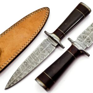 nooraki dk-347 handmade damascus steel fixed blade dagger knife with leather sheath, multipurpose knife with coloured bone and rosewood handle for hunting, hiking, camping, survival, 11 length