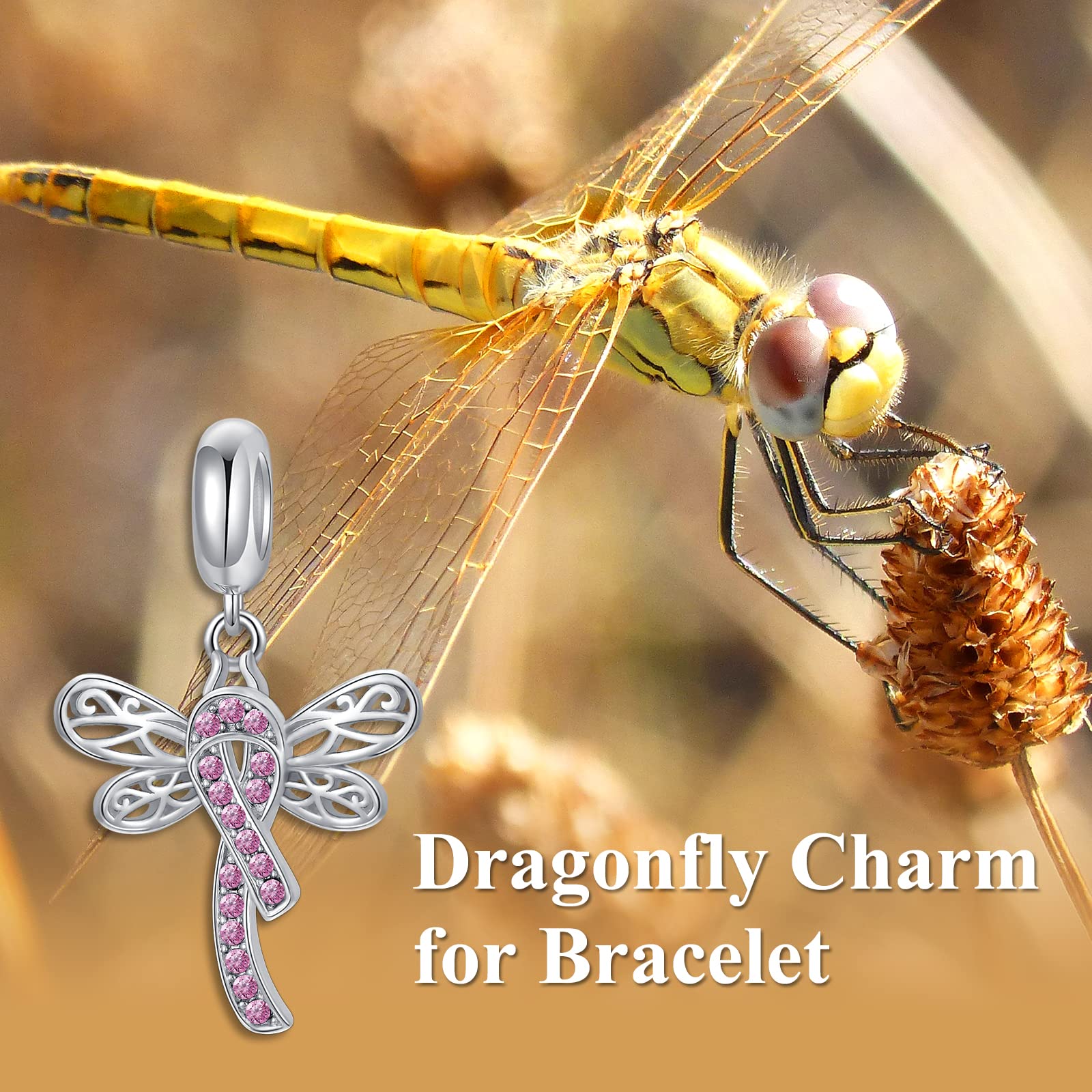 AOBOCO Breast Cancer Awareness Charm 925 Sterling Silver Dragonfly Pink Ribbon Charm Bead for Bracelet Breast Cancer Survivor Gifts for Women