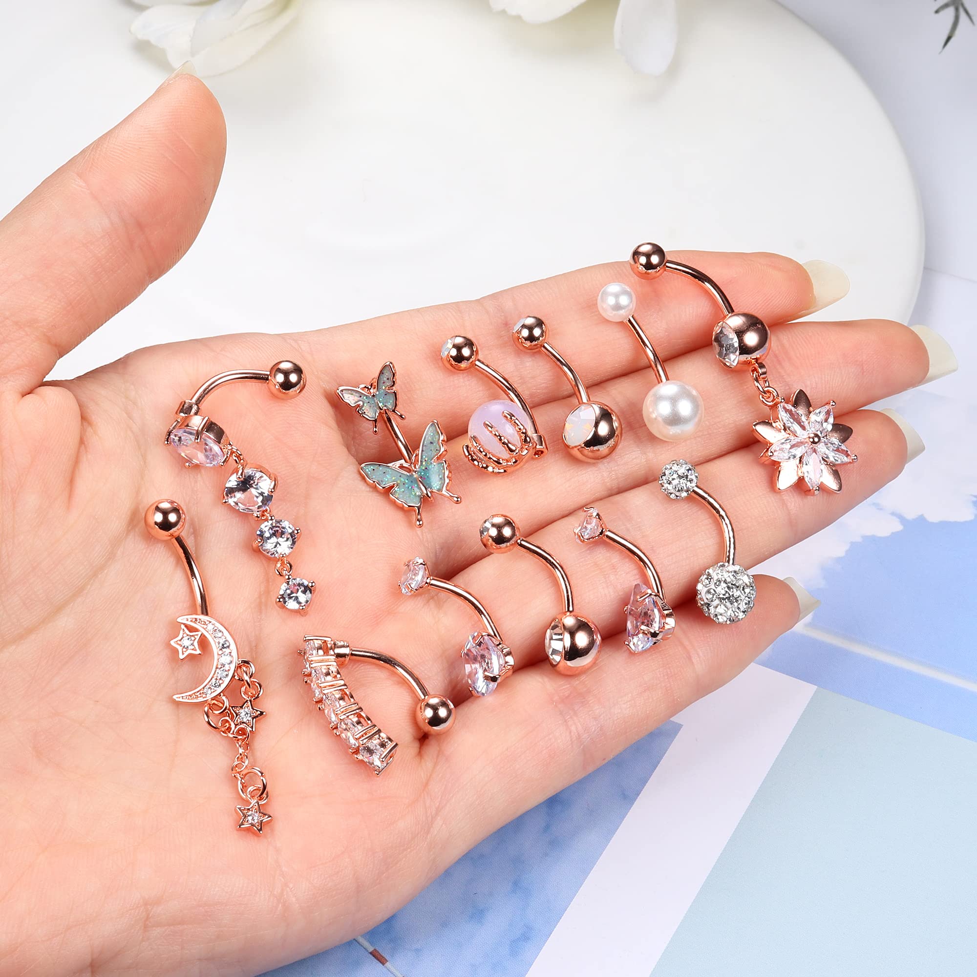 JOERICA 12 Pcs 14G Belly Button Rings Dangle Belly Rings for Women 316L Stainless Steel Butterfly Skull Hand with Opal Clear CZ Navel Rings Belly Body Piercing Jewelry