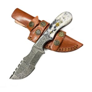 Titan International Knives Damascus Hunting and Camping Knife | Fixed Blade Survival Knive Handmade 1095 4340 Carbon Mix Hand Pounded | Bolster and Dyed Bone Handle with Leather Sheath Perfect for Outdoors