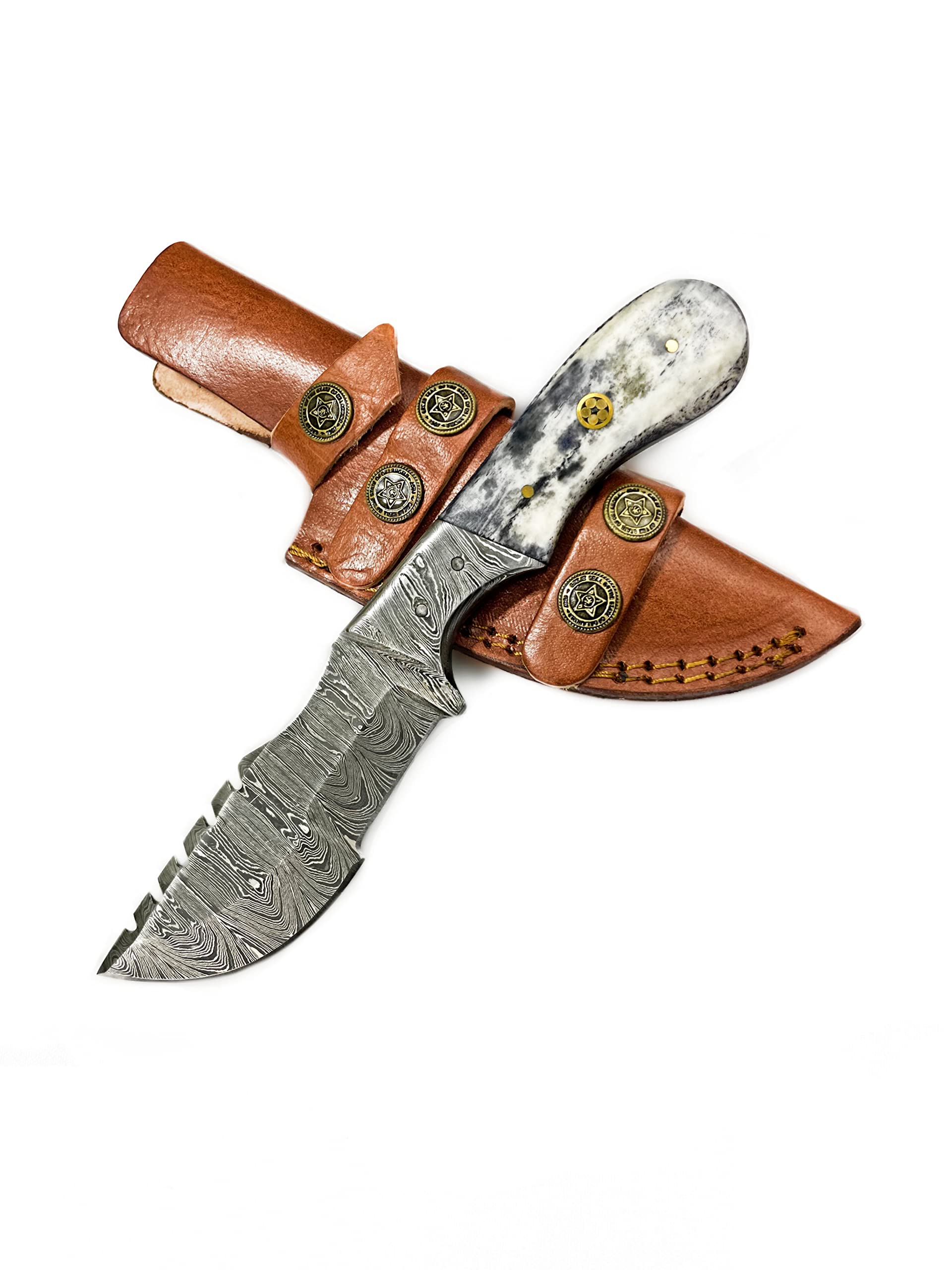 Titan International Knives Damascus Hunting and Camping Knife | Fixed Blade Survival Knive Handmade 1095 4340 Carbon Mix Hand Pounded | Bolster and Dyed Bone Handle with Leather Sheath Perfect for Outdoors