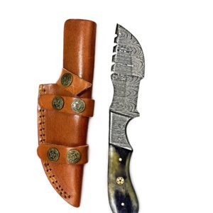 Titan International Knives Damascus Hunting and Camping Knife | Fixed Blade Survival Knive Handmade 1095 4340 Carbon Mix Hand Pounded | Bolster and Dyed Bone Handle with Leather Sheath Perfect for Outdoors