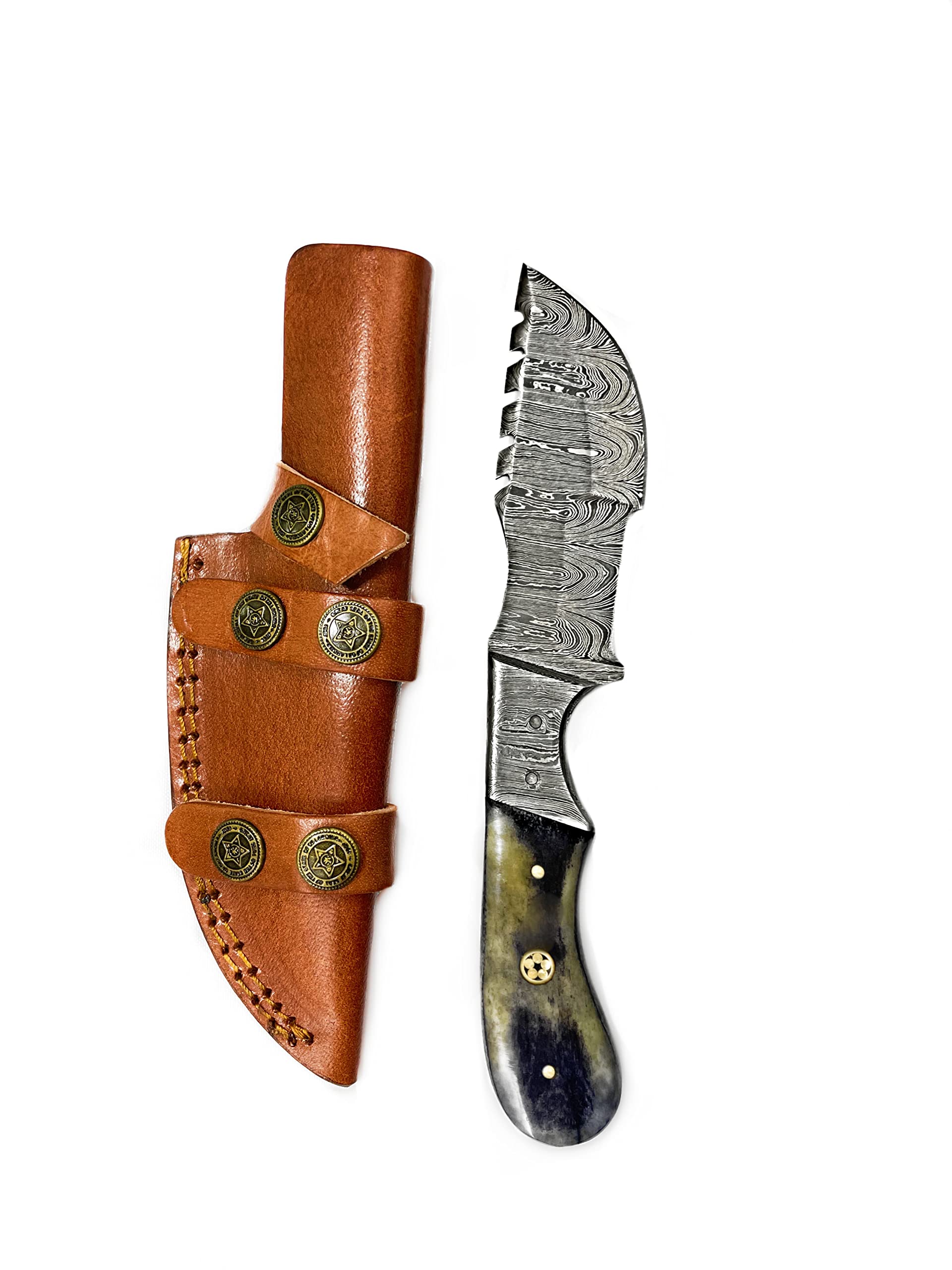 Titan International Knives Damascus Hunting and Camping Knife | Fixed Blade Survival Knive Handmade 1095 4340 Carbon Mix Hand Pounded | Bolster and Dyed Bone Handle with Leather Sheath Perfect for Outdoors