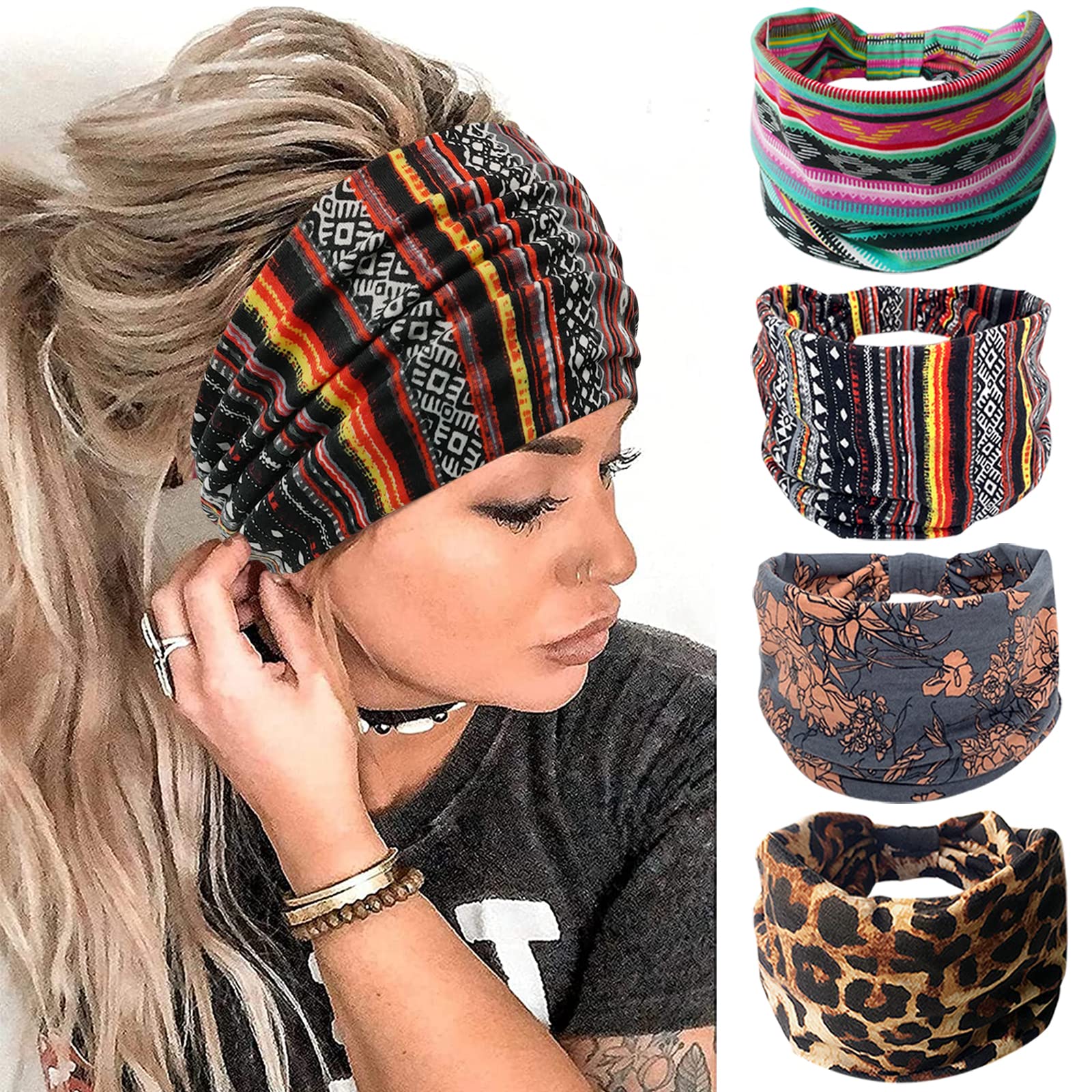 YONUF Wide Boho Headbands for Women Fashion Knotted Headband Yoga Workout African Head Wrap 4 Pack