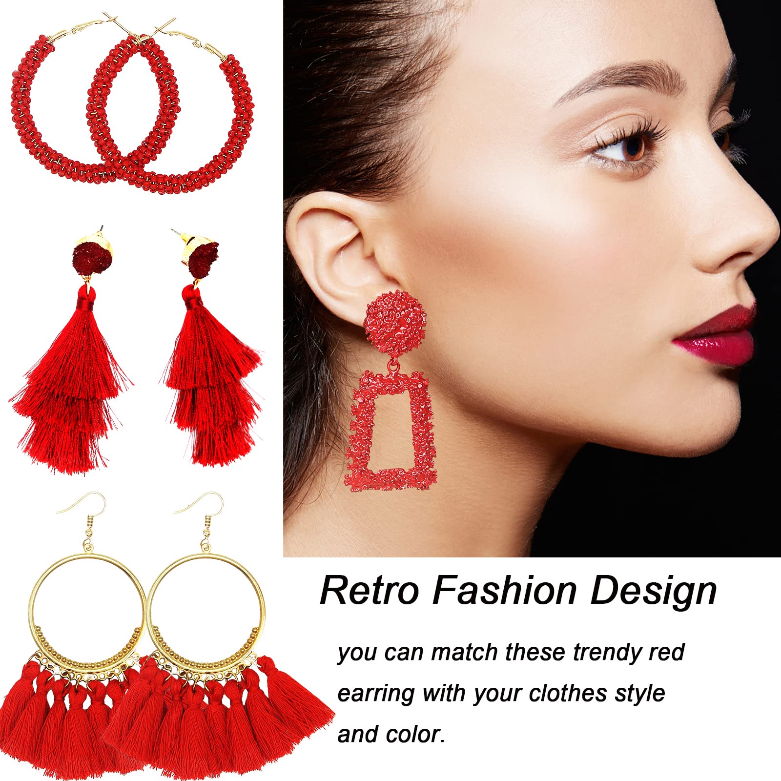 PRENDI 4 Pairs Red Earrings for Women Layered Tassel Earrings Bohemian Hoop Tassel Earrings Red Beaded Hoop Earrings (Red)