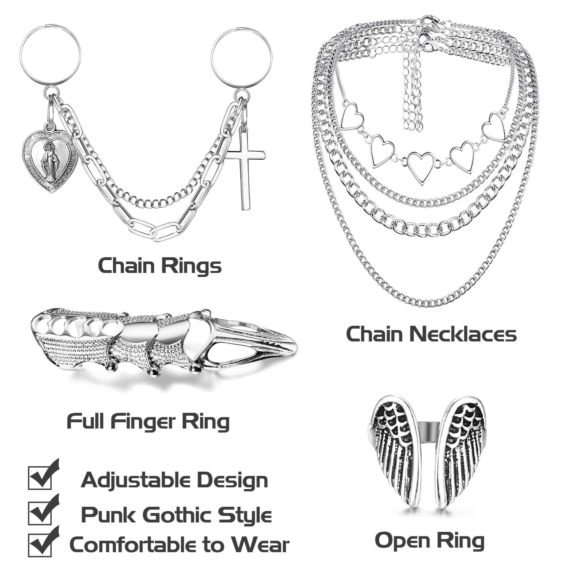 Sanfenly Punk Chain Rings+ Layered Chain Necklace Set for Women Men, Cool Goth Punk Vintage Stackable Open Finger Rings Statement Pendant Choker Necklace Emo Y2K Jewelry