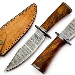 nooraki bk-348 handmade damascus steel fixed blade bowie knife with leather sheath, multipurpose knife rosewood handle with damascus guard for everyday carry, camping, hunting, 12 lengt