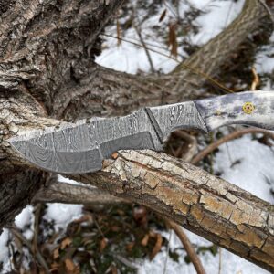 Titan International Knives Damascus Hunting and Camping Knife | Fixed Blade Survival Knive Handmade 1095 4340 Carbon Mix Hand Pounded | Bolster and Dyed Bone Handle with Leather Sheath Perfect for Outdoors