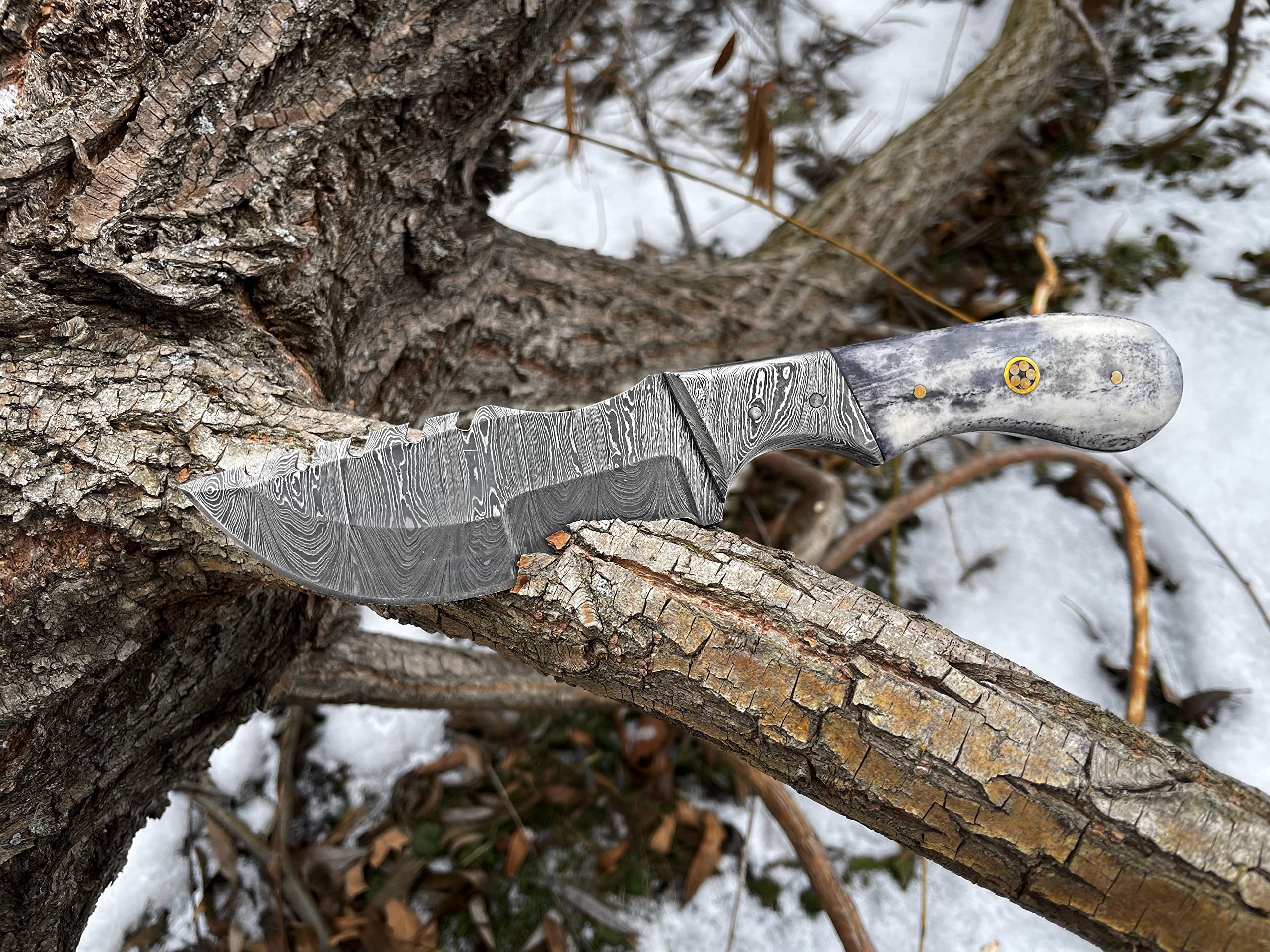 Titan International Knives Damascus Hunting and Camping Knife | Fixed Blade Survival Knive Handmade 1095 4340 Carbon Mix Hand Pounded | Bolster and Dyed Bone Handle with Leather Sheath Perfect for Outdoors