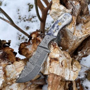 Titan International Knives Damascus Hunting and Camping Knife | Fixed Blade Survival Knive Handmade 1095 4340 Carbon Mix Hand Pounded | Bolster and Dyed Bone Handle with Leather Sheath Perfect for Outdoors