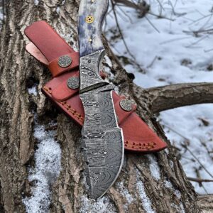 Titan International Knives Damascus Hunting and Camping Knife | Fixed Blade Survival Knive Handmade 1095 4340 Carbon Mix Hand Pounded | Bolster and Dyed Bone Handle with Leather Sheath Perfect for Outdoors