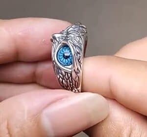 925 Sterling Silver Owl Ring blue or red eyes for men and women animal jewelry (Blue)