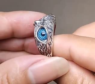 925 Sterling Silver Owl Ring blue or red eyes for men and women animal jewelry (Blue)