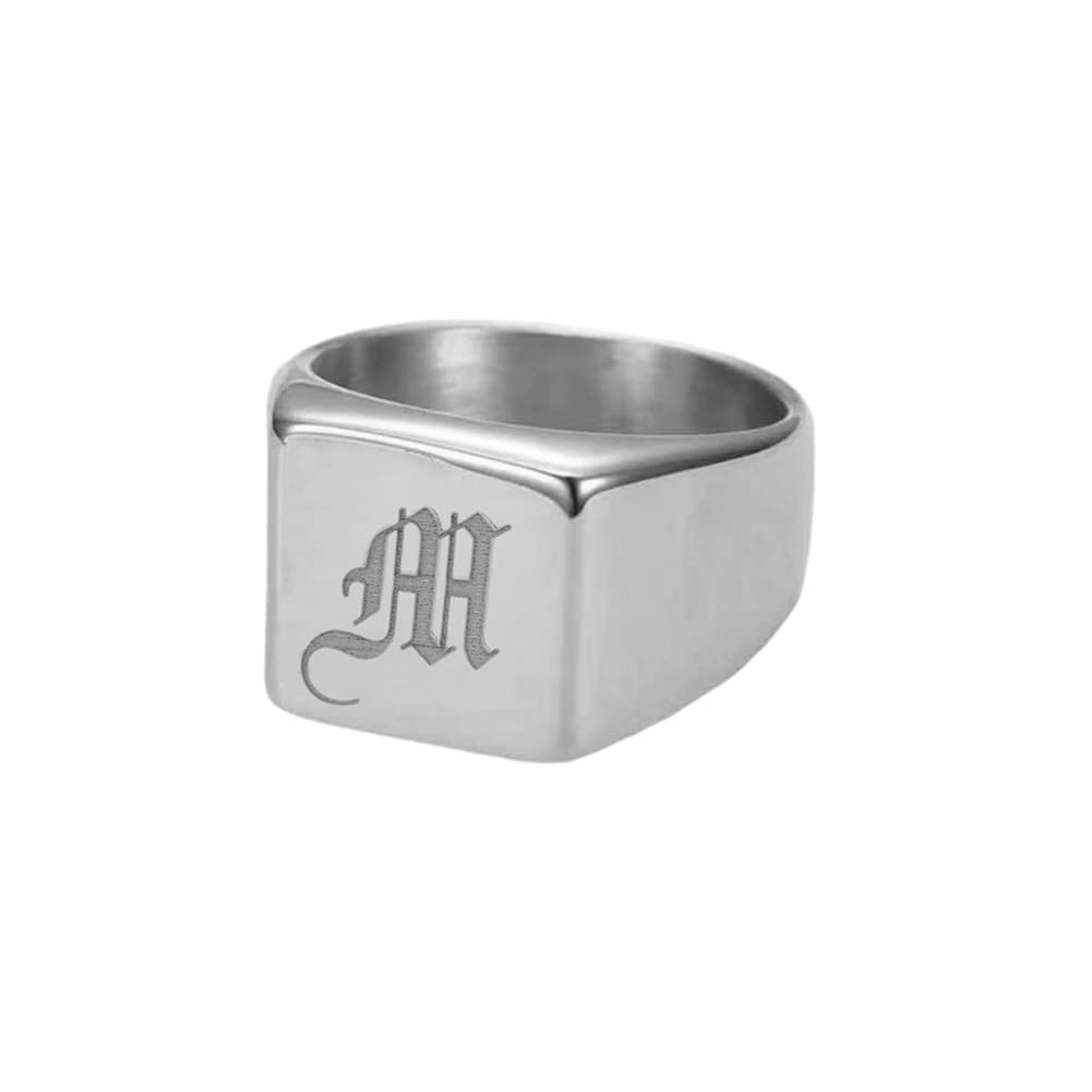 Elefezar 925 Sterling Silver Personalized Square Signet Old English Initial Ring Custom Womens Mens Letter Jewelry Silver