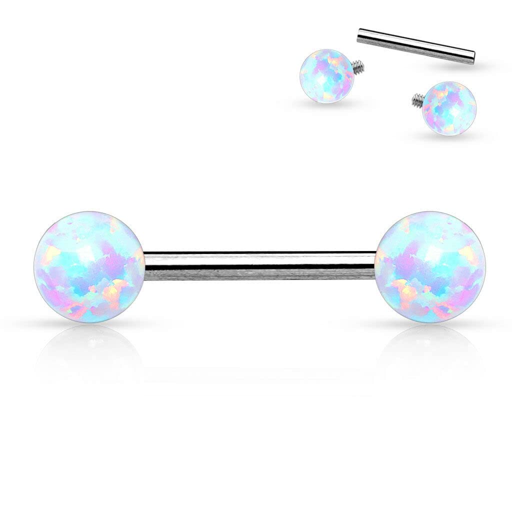 Pair Simulated Opal Internal Thread Surgical Steel Nipple Rings Barbell Piercing - White