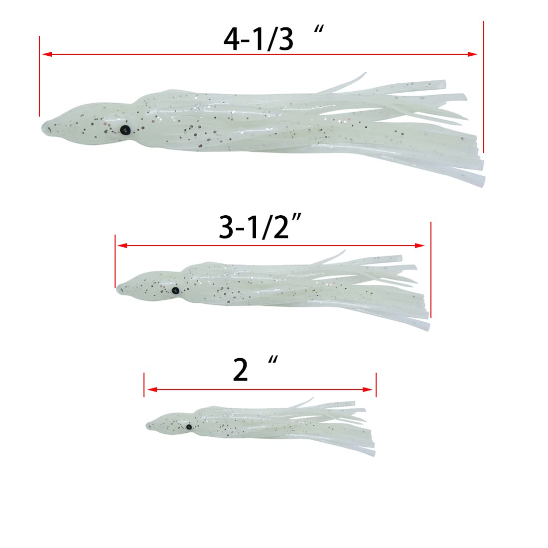 Fishing Squid Skirts Glow Soft Lures Luminous Octopus Skirts Trolling Lure Soft Fishing Bait for Bass Salmon Trout 5cm/1.96in,9cm/3.54in,11cm/4.33in Pack of 20 (4-1/3", Beige)