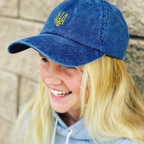 Giavuwn Embroidered Ukraine Hat Retro Vintage Washed Cotton Denim Baseball Caps Navy