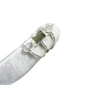 Natural Crystal & Moldavite Gemstone Ring, 925 Sterling Silver Ring, Raw Moldavite Ring, Handmade Ring, Shungite Ring, Birthstone Ring, Statement Ring, Gift for Mom, Rough Gemstone Ring, White