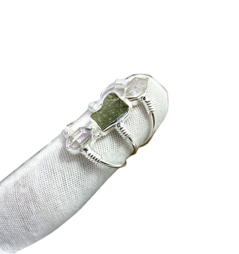 Natural Crystal & Moldavite Gemstone Ring, 925 Sterling Silver Ring, Raw Moldavite Ring, Handmade Ring, Shungite Ring, Birthstone Ring, Statement Ring, Gift for Mom, Rough Gemstone Ring, White