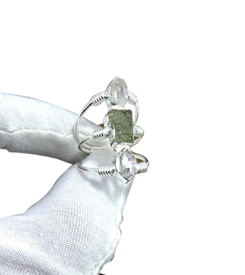 Natural Crystal & Moldavite Gemstone Ring, 925 Sterling Silver Ring, Raw Moldavite Ring, Handmade Ring, Shungite Ring, Birthstone Ring, Statement Ring, Gift for Mom, Rough Gemstone Ring, White