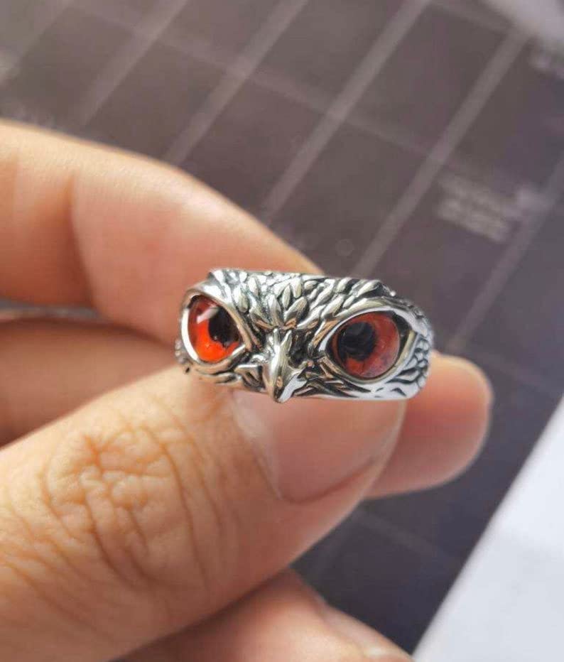 925 Sterling Silver Owl Ring blue or red eyes for men and women animal jewelry (Blue)