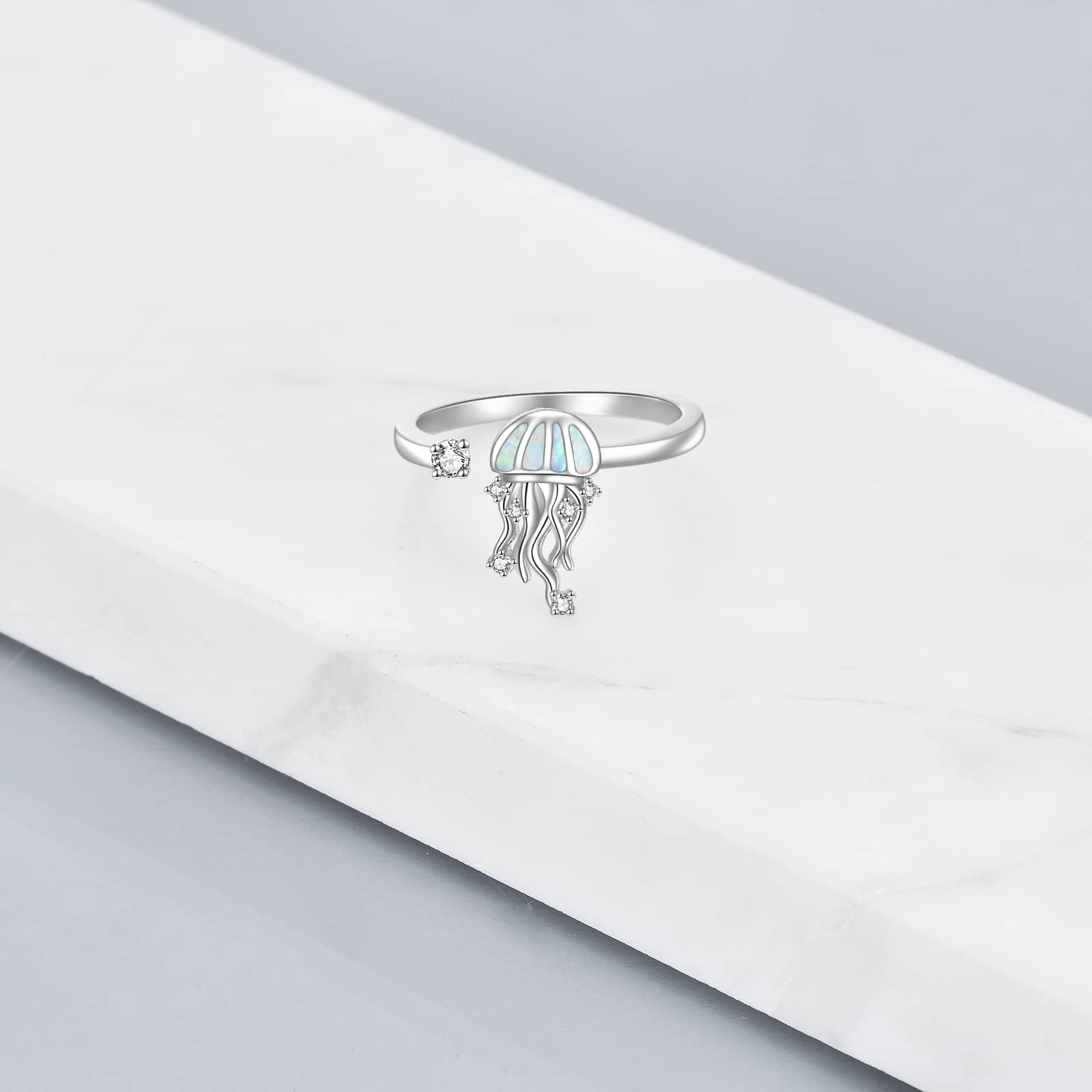 WINNICACA Jellyfish Gifts for Women Sterling Silver Jellyfish Rings for Women Jellyfish Jewelry Created Opal Rings Cute Animal Rings for Women Adjustable Ocean Ring