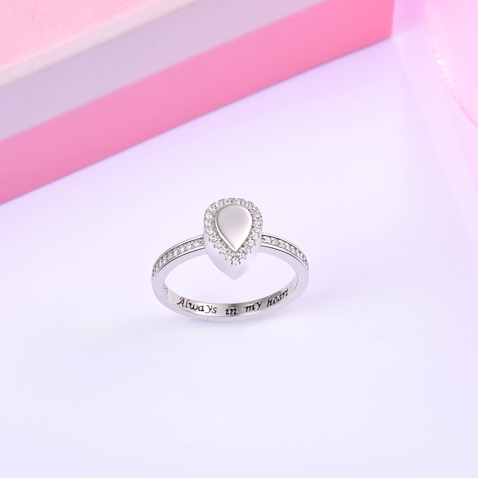 925 Sterling Silver Cremation Rings Teardrop Ash Memroial Urn Ring Hold Ashes Engraved Always in my heart Cremation Jewelry (6)