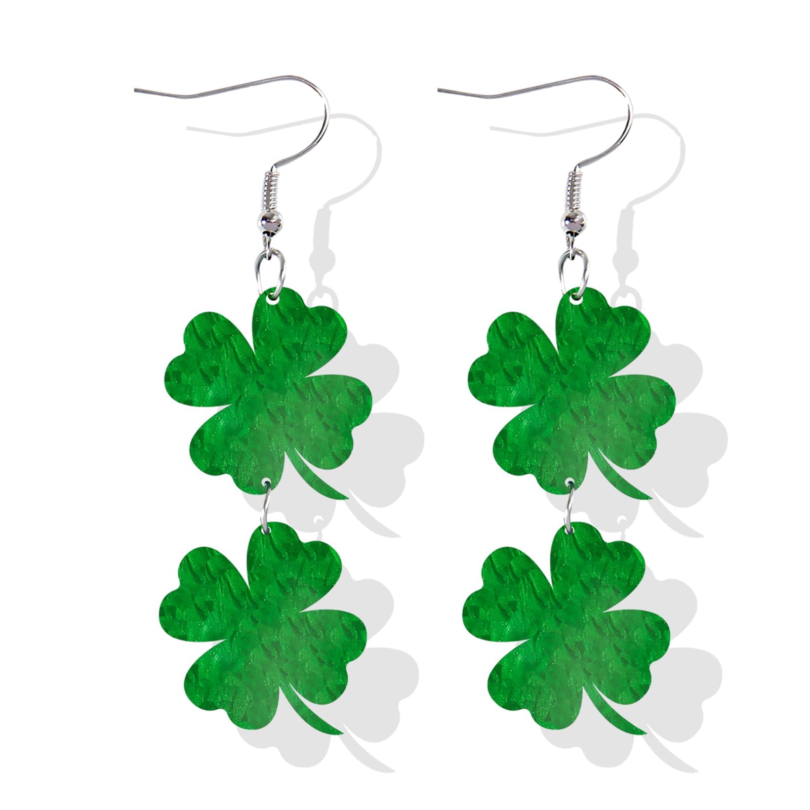 St. Patrick's Day Earrings Shamrock Dangle Earrings Green Leaf Drop Earrings for Women (2Layer Earring)