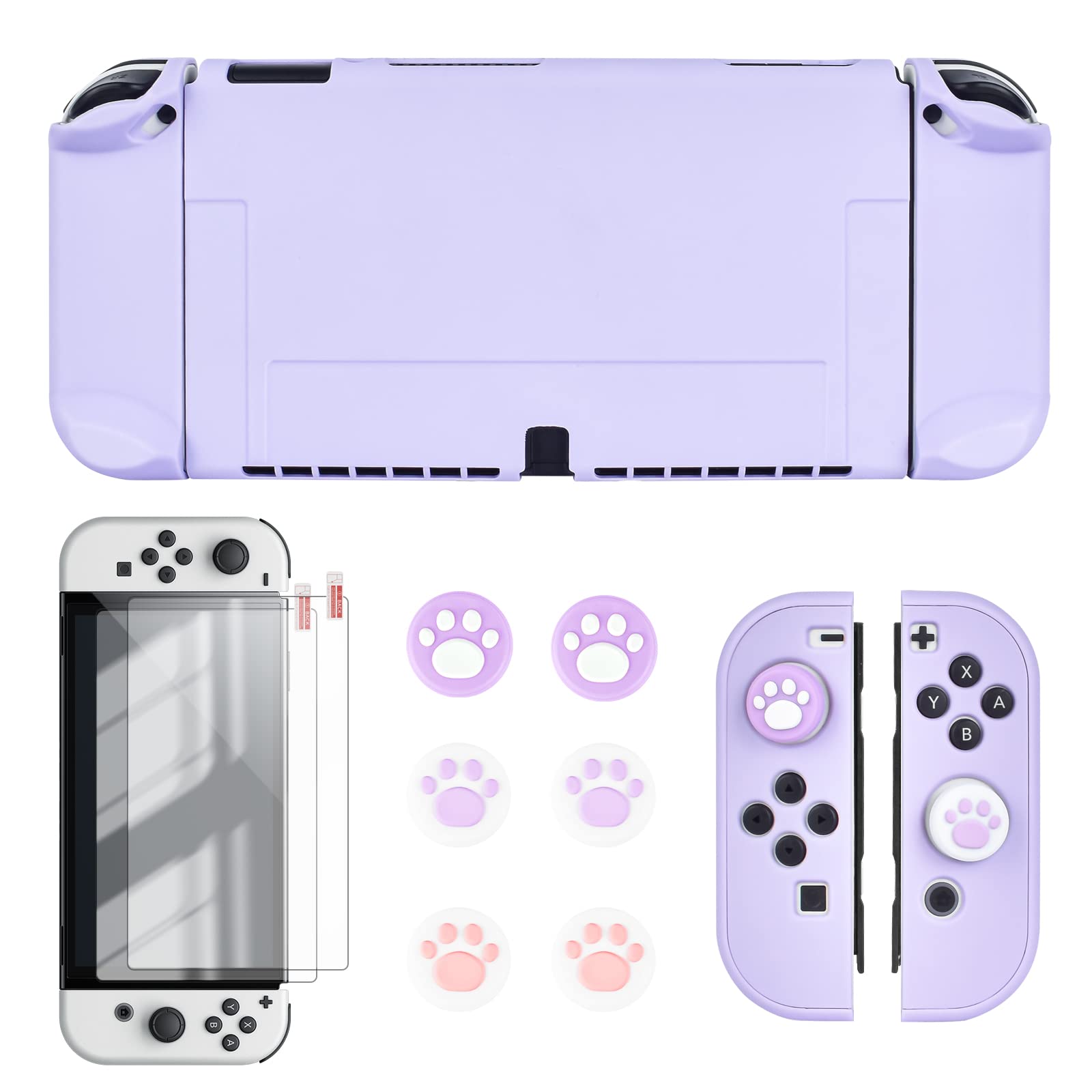 DLseego Switch OLED Protective Case Dockable Hard Shell Anti-Scratch Cover Joycon Accessory Skin with 6PCS Thumb Grips Caps and 2Pc Screen Protectors - Purple