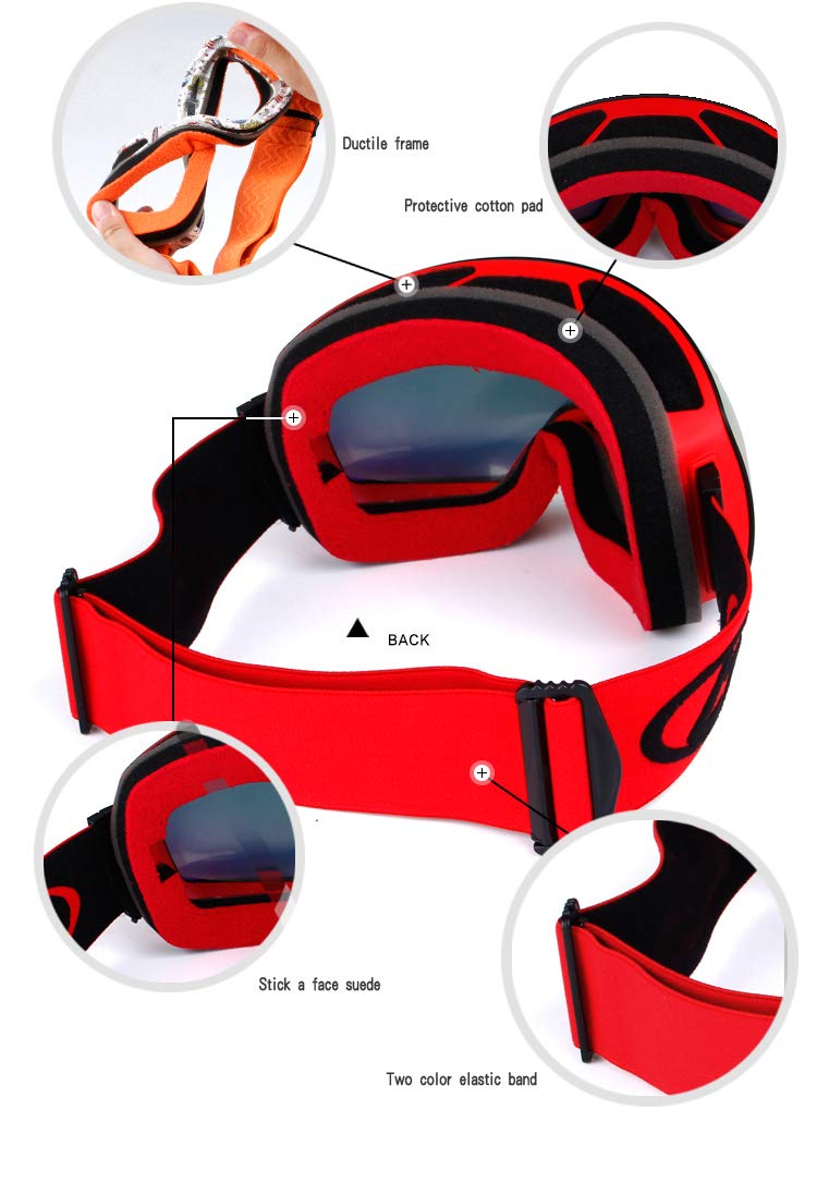 Jueshanzj Ski Goggles 100% UV Protection Snow Goggles for Men, Women Black frame + black film + black red belt