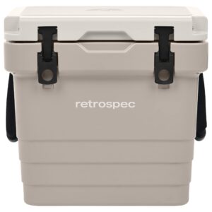 retrospec palisade rotomolded 25 qt cooler - fully insulated portable ice chest with built in bottle opener, tie-down slots & dry goods basket - large beach, camping & travel coolers - dune