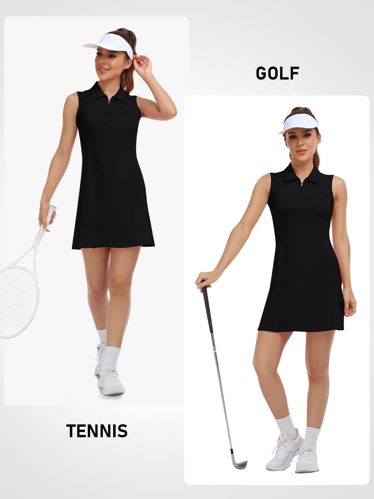 MoFiz Women's Golf Tennis Polo Dress Sleeveless Zip Up Lightweight Quick Dry Moisture Wicking Athletic Sports Workout Black M