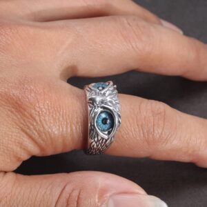 925 Sterling Silver Owl Ring blue or red eyes for men and women animal jewelry (Blue)