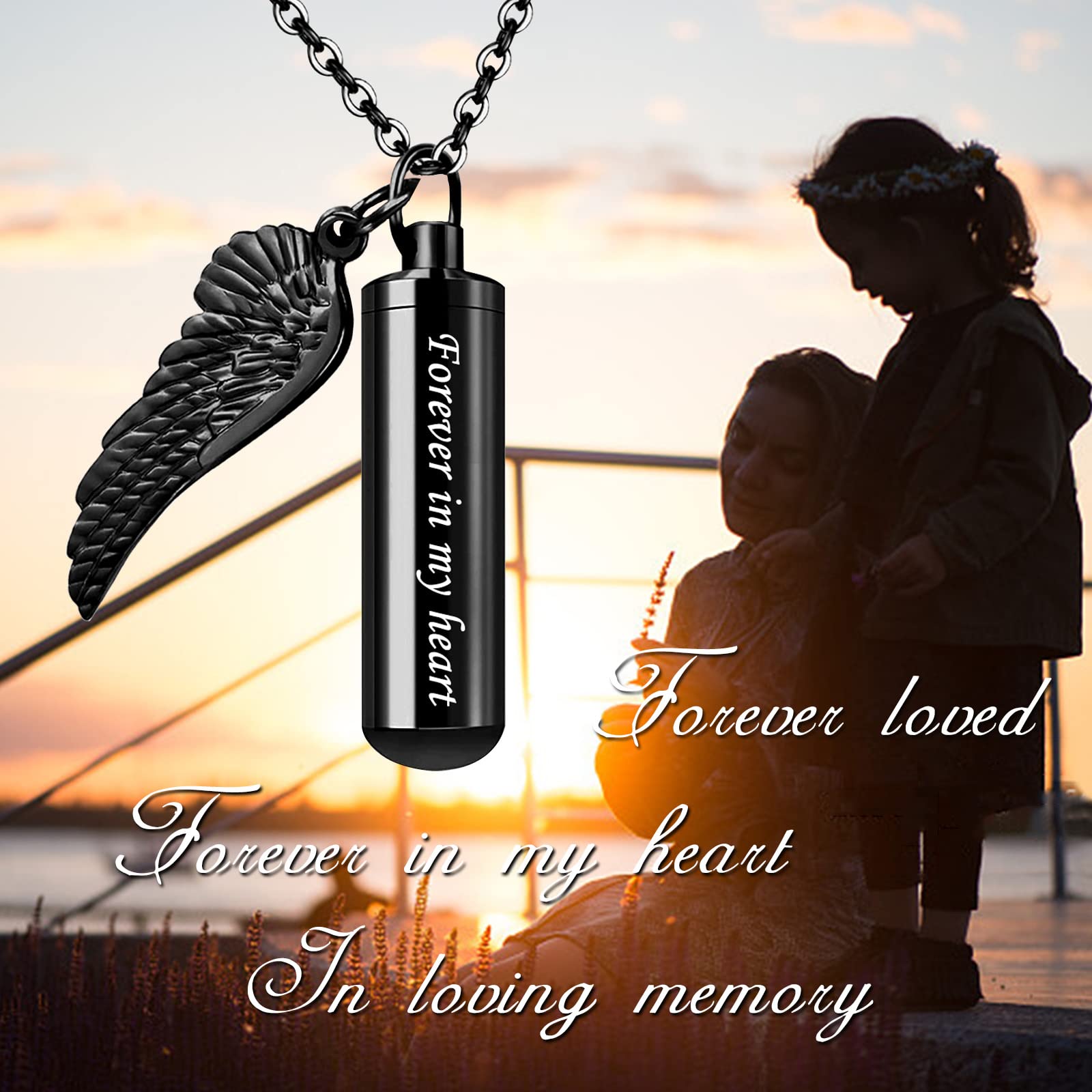 weikui 3 pieces Cylinder Urn Necklace for Ashes Memorial Keepsake Pendant with Angel Wing Stainless Steel Remembrance Cremation Jewelry(3Pcs Black Pendant)