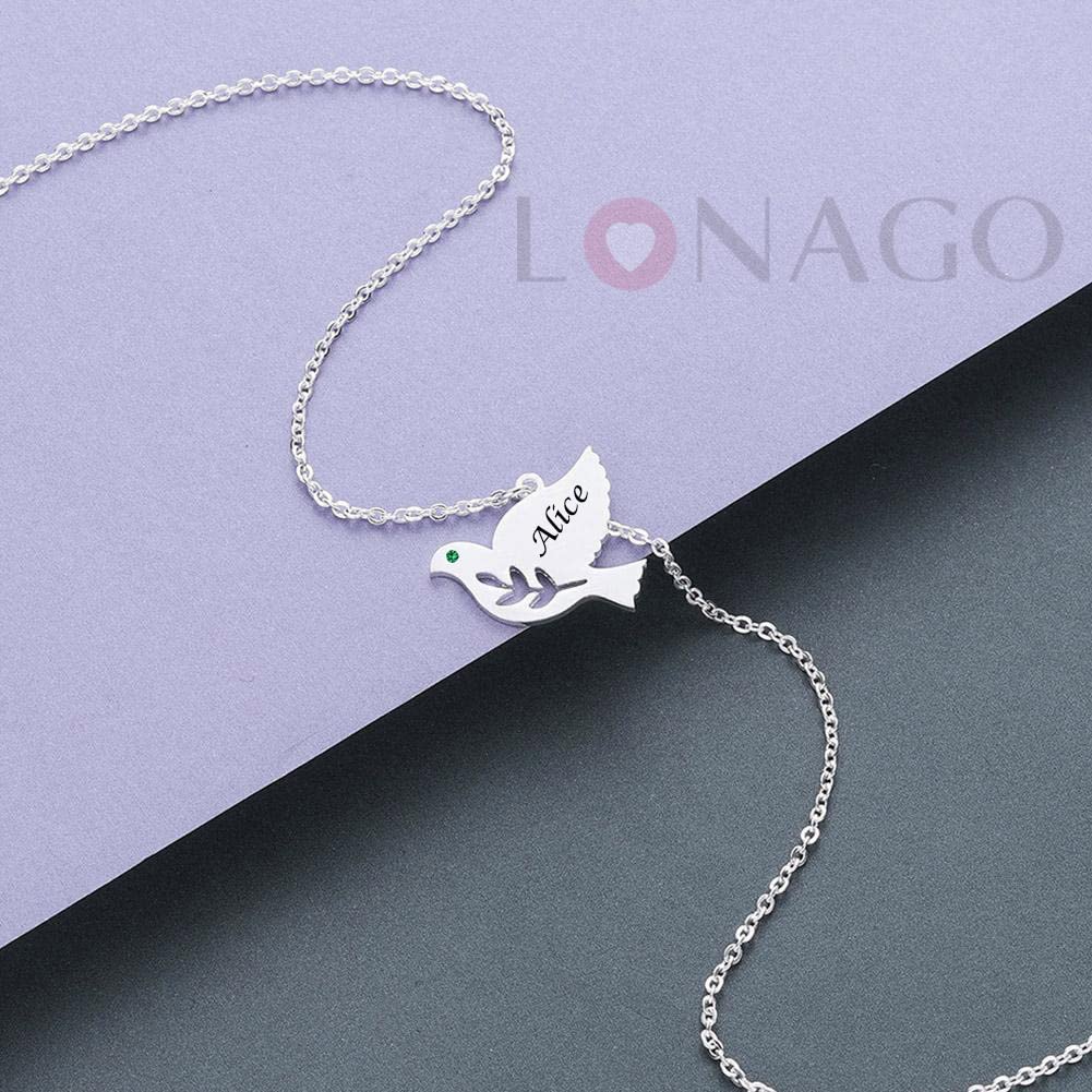 LONAGO Peace Dove Necklace Personalized,Engrave Name Dove Pendant Peace Jewelry Gift for Women