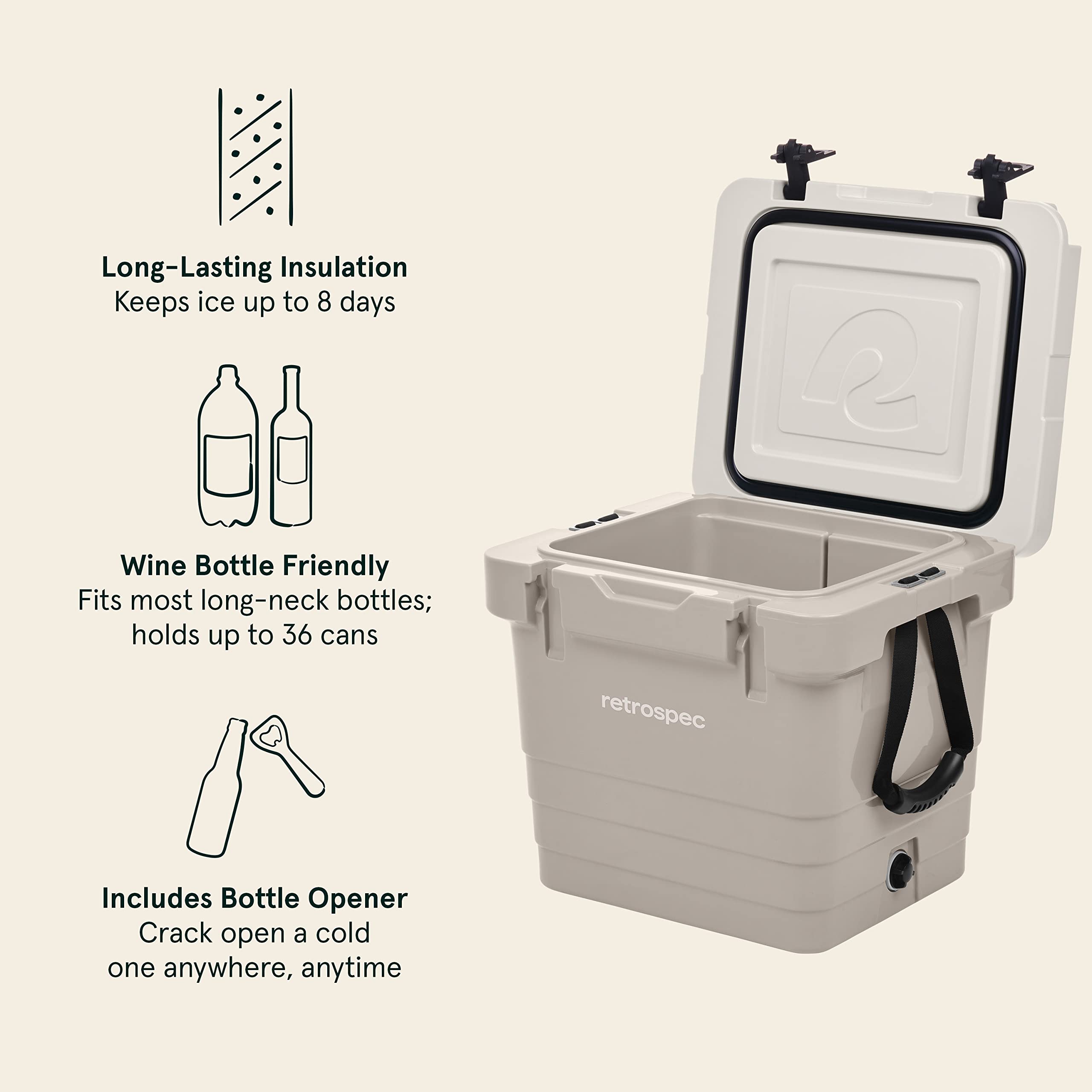 Retrospec Palisade Rotomolded 25 Qt Cooler - Fully Insulated Portable Ice Chest with Built in Bottle Opener, Tie-Down Slots & Dry Goods Basket - Large Beach, Camping & Travel Coolers - Dune