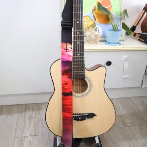 RAUYIVANY Guitar Strap, Sunset Cross Print Pattern with Leather End Guitar Straps, Adjustable Length, with Strap Lock + Button + 3 Picks for Acoustic, Electric, Bass and Classical Guitars