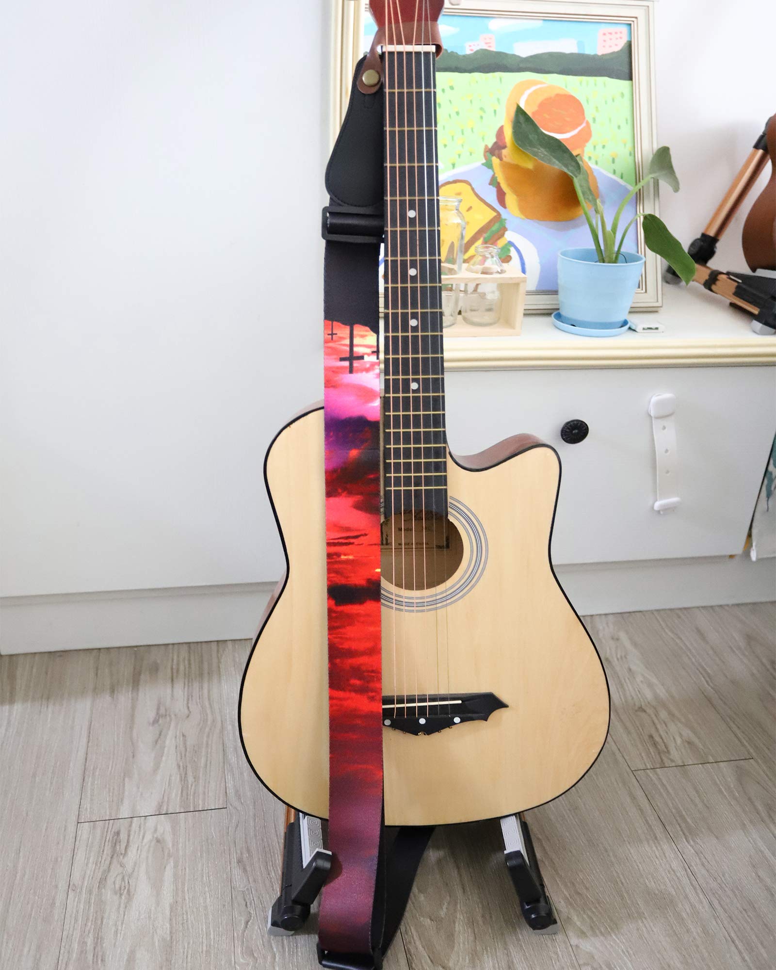 RAUYIVANY Guitar Strap, Sunset Cross Print Pattern with Leather End Guitar Straps, Adjustable Length, with Strap Lock + Button + 3 Picks for Acoustic, Electric, Bass and Classical Guitars