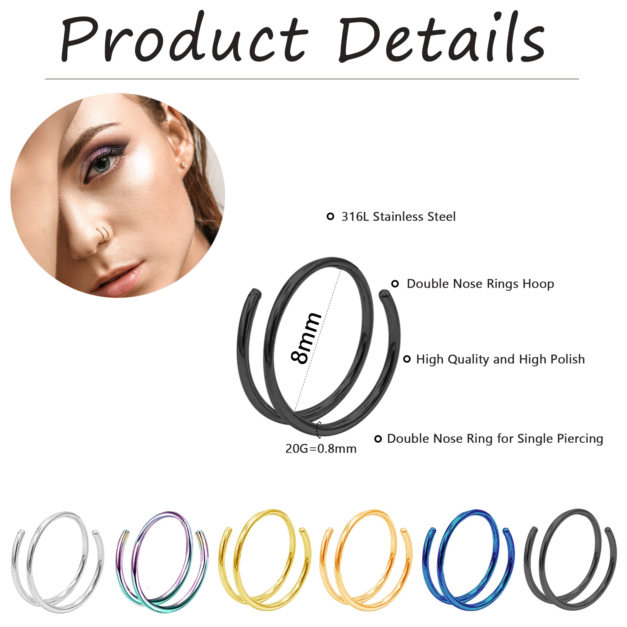 Staligue Double Nose Ring for Single Piercing 20G Spiral Nose Ring Surgical Steel 6MM 8MM 10MM 12MM Double Nose Hoop Piercing Jewelry (8MM)