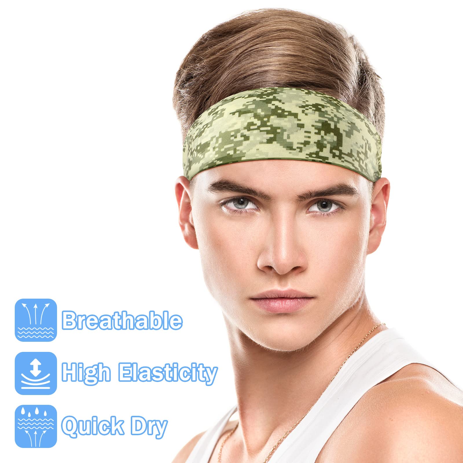 Sweatbands, Workout Sport Headbands for Men Camo Sweat Absorbing Headband Wide Sweatband for Head Basketball Football Cycling Running Yoga, 4.7 x 9.8 Inch (Mixed Style)